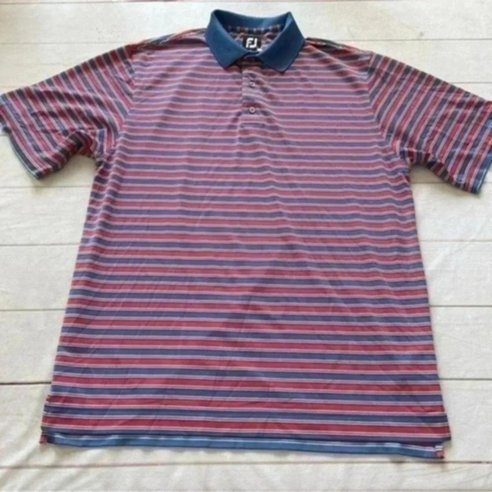 FootJoy FJ Mens Golf Polo Shirt Large Red Blue Striped Stretch Polyester…